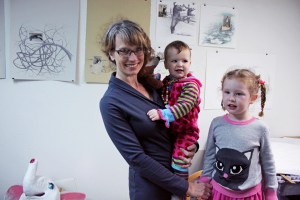 Current studio shot. Claire with her daughters Willa (18 months) and Ramona (3 years old)