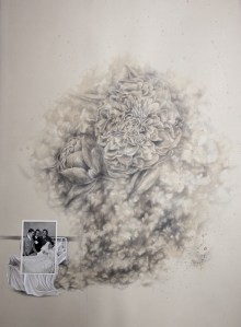 collage and drawing using coffee, graphite, and gouache